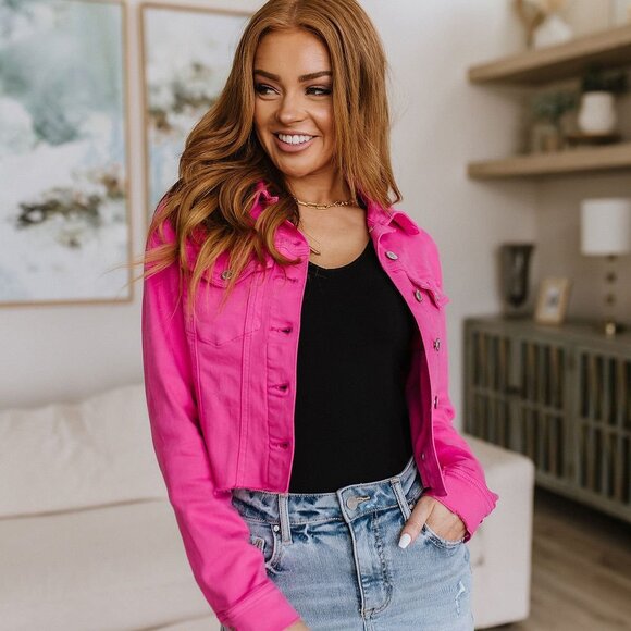 Judy Blue | Distressed Whisper Crop Denim Jacket | Hot Pink | Large - Picture 1 of 8
